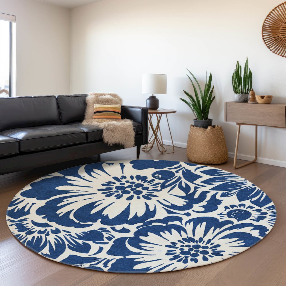 Premium Machine Washable Mayfield  Navy 8' x 8' Round Rug. Picture 5