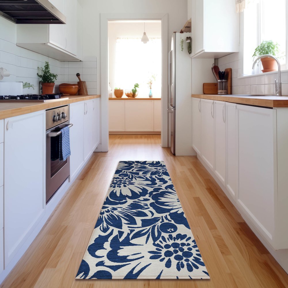 Premium Machine Washable Mayfield  Navy 2'3" x 7'6" Runner Rug. Picture 5