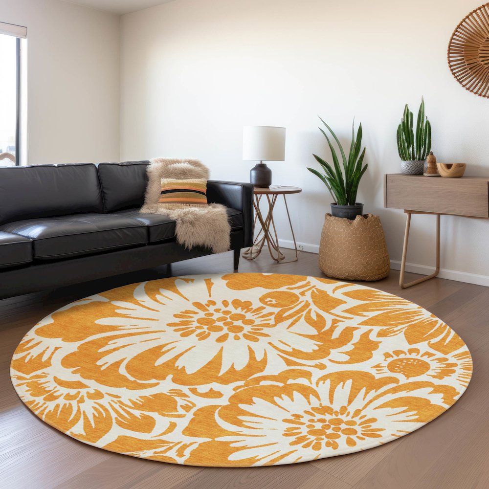 Premium Machine Washable Mayfield  Orange 8' x 8' Round Rug. Picture 5