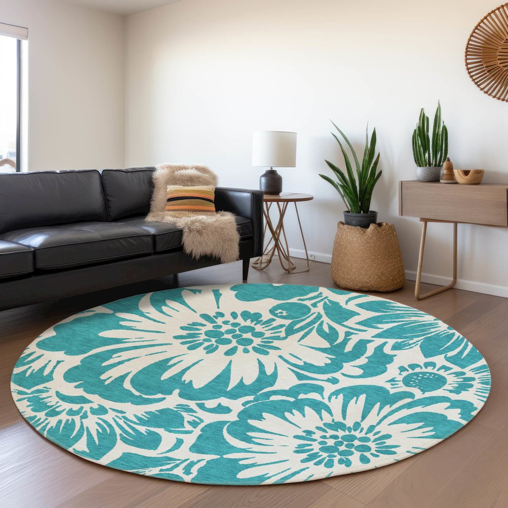 Premium Machine Washable Mayfield  Teal 8' x 8' Round Rug. Picture 5