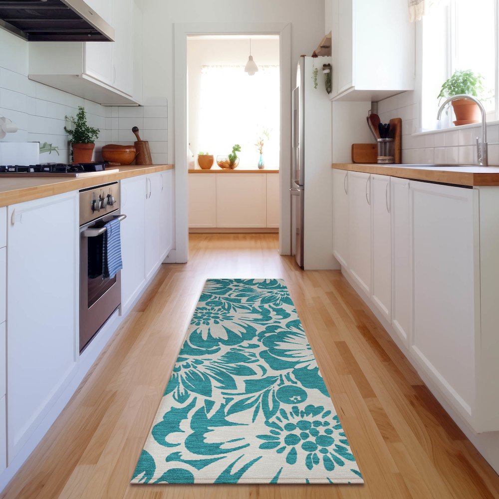 Premium Machine Washable Mayfield  Teal 2'3" x 7'6" Runner Rug. Picture 5