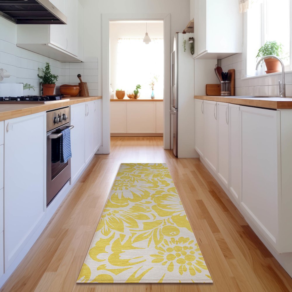 Premium Machine Washable Mayfield  Yellow 2'3" x 7'6" Runner Rug. Picture 5