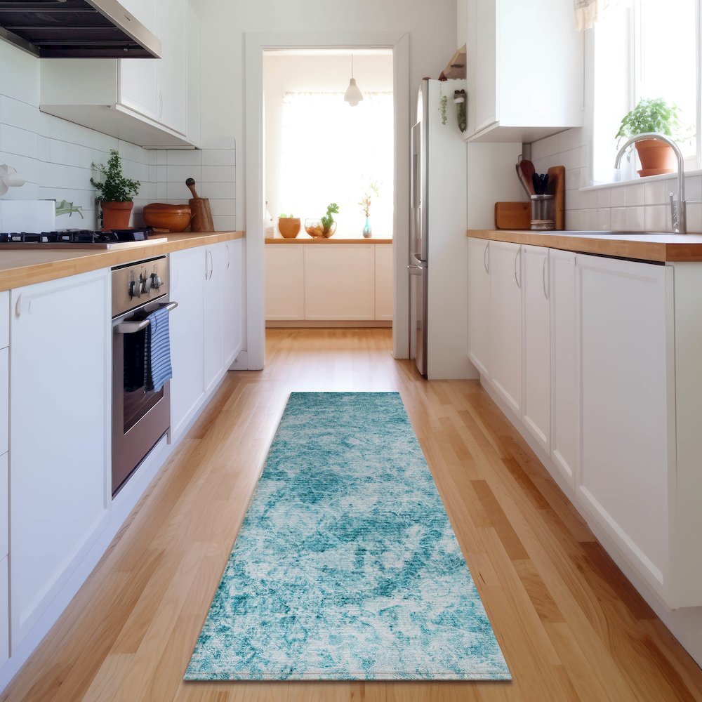 Premium Machine Washable Mayfield  Teal 2'3" x 7'6" Runner Rug. Picture 5