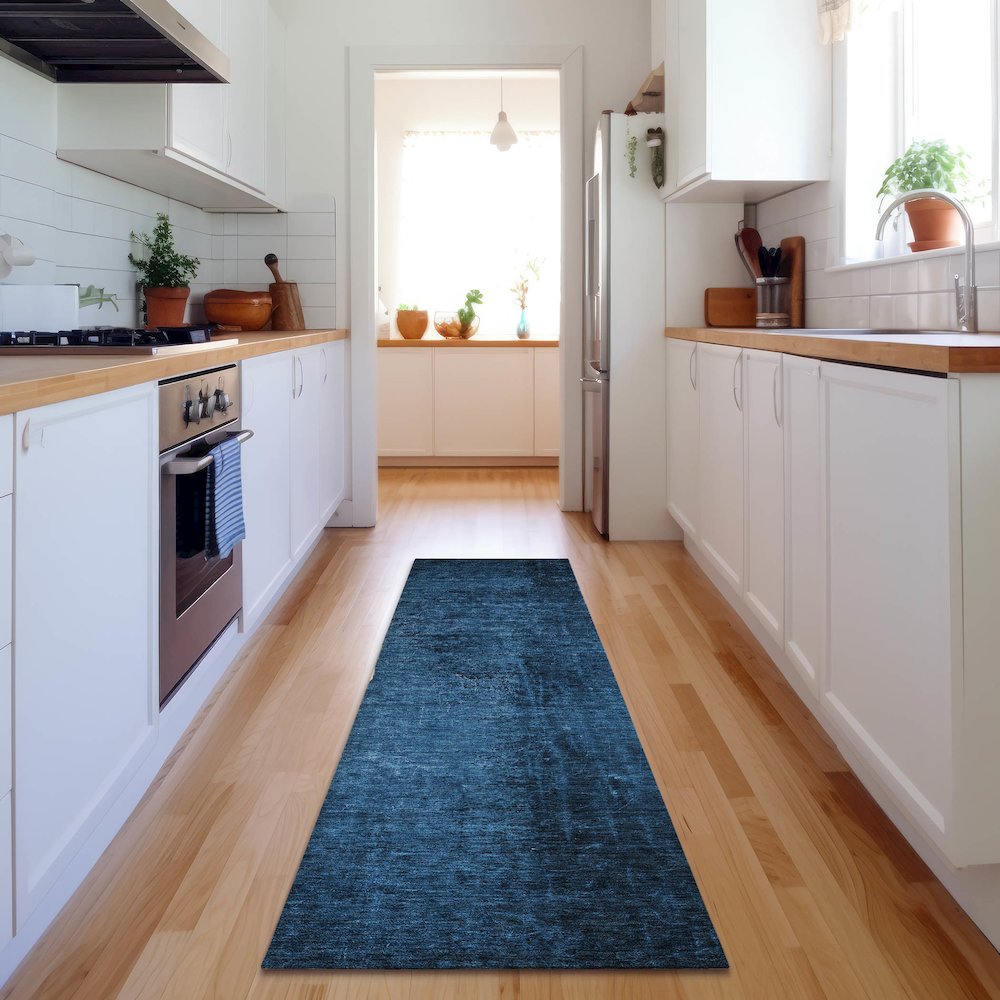 Premium Machine Washable Mayfield  Navy 2'3" x 7'6" Runner Rug. Picture 5