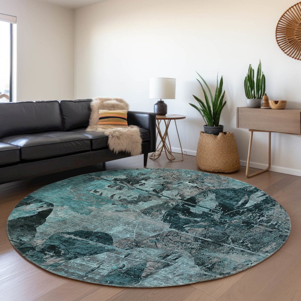 Premium Machine Washable Mayfield  Teal 8' x 8' Round Rug. Picture 5