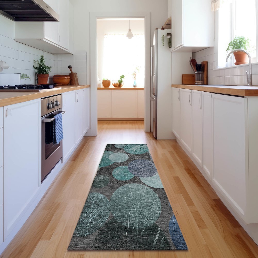 Premium Machine Washable Mayfield  Teal 2'3" x 7'6" Runner Rug. Picture 5