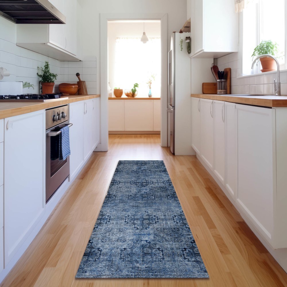 Premium Machine Washable Mayfield  Navy 2'3" x 7'6" Runner Rug. Picture 5