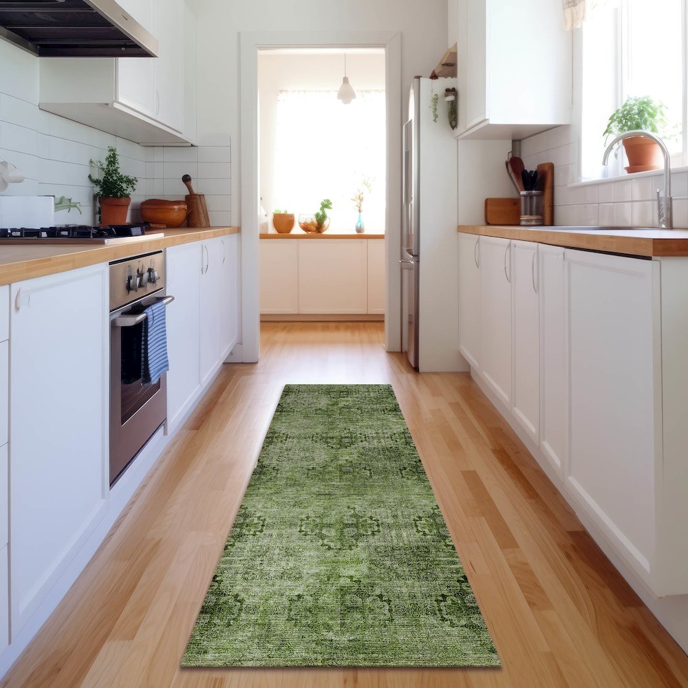 Premium Machine Washable Mayfield  Olive 2'3" x 7'6" Runner Rug. Picture 5