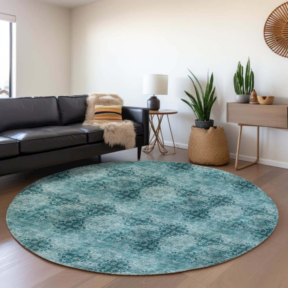 Premium Machine Washable Mayfield  Teal 8' x 8' Round Rug. Picture 5