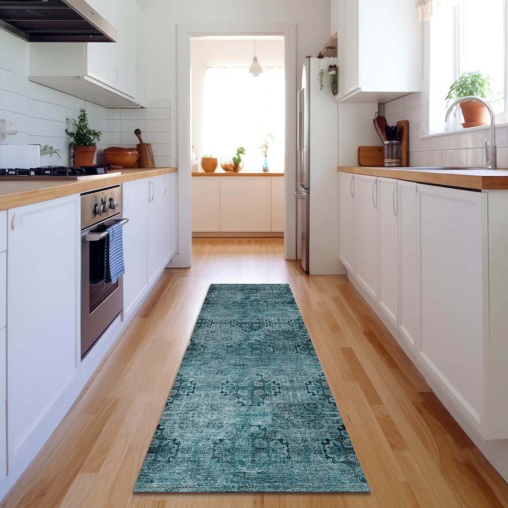 Premium Machine Washable Mayfield  Teal 2'3" x 7'6" Runner Rug. Picture 5