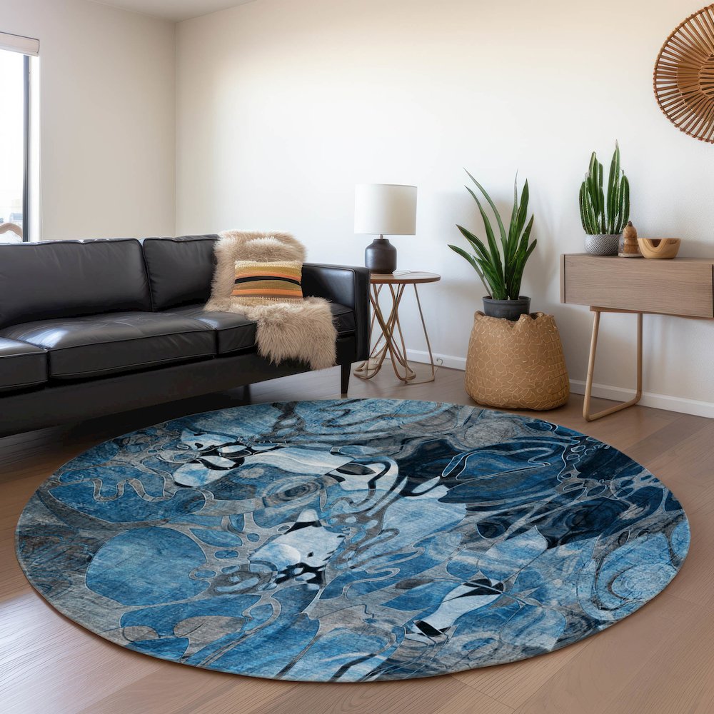 Premium Machine Washable Mayfield  Blue 8' x 8' Round Rug. Picture 5
