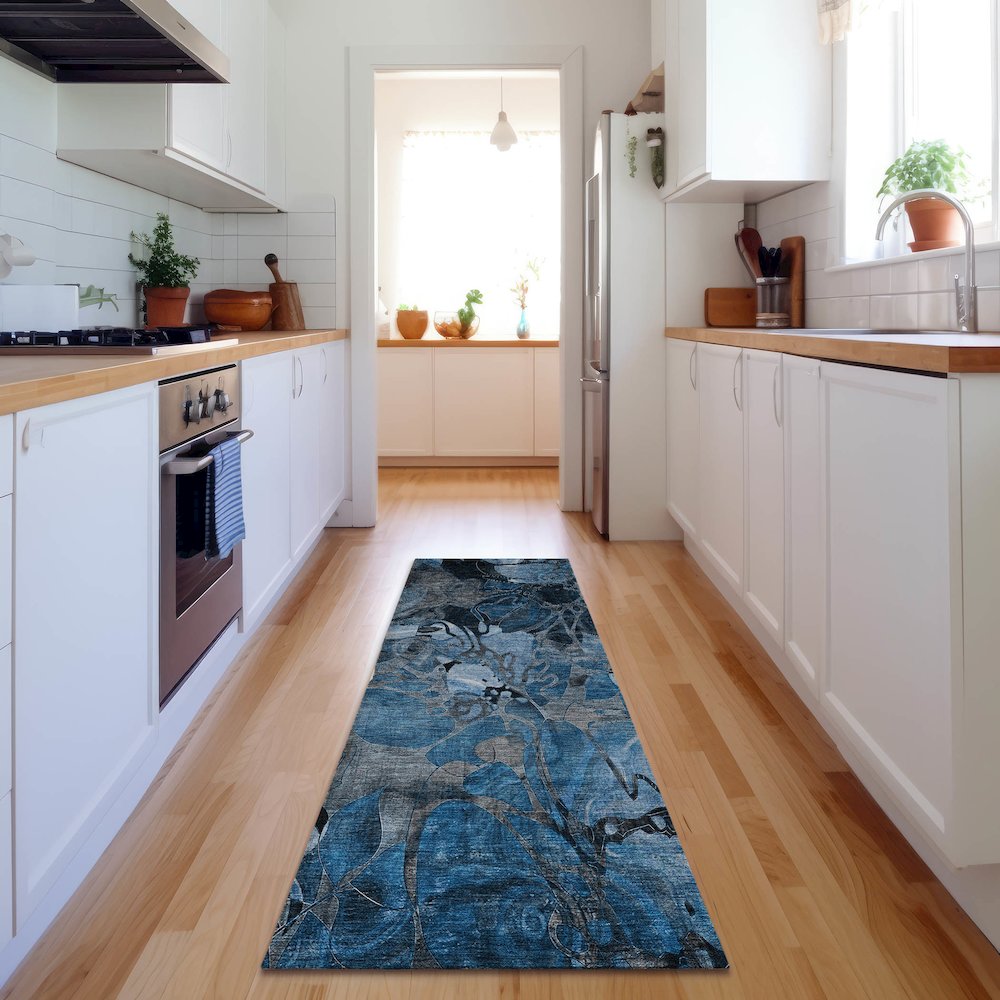 Premium Machine Washable Mayfield  Blue 2'3" x 7'6" Runner Rug. Picture 5