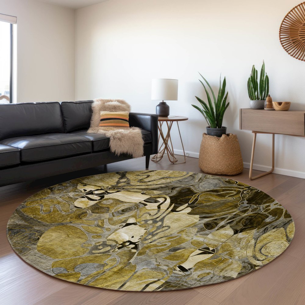 Premium Machine Washable Mayfield  Brown 8' x 8' Round Rug. Picture 5