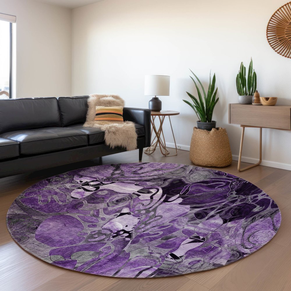 Premium Machine Washable Mayfield  Purple 8' x 8' Round Rug. Picture 5