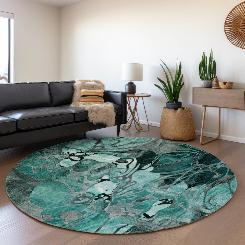 Premium Machine Washable Mayfield  Teal 8' x 8' Round Rug. Picture 5