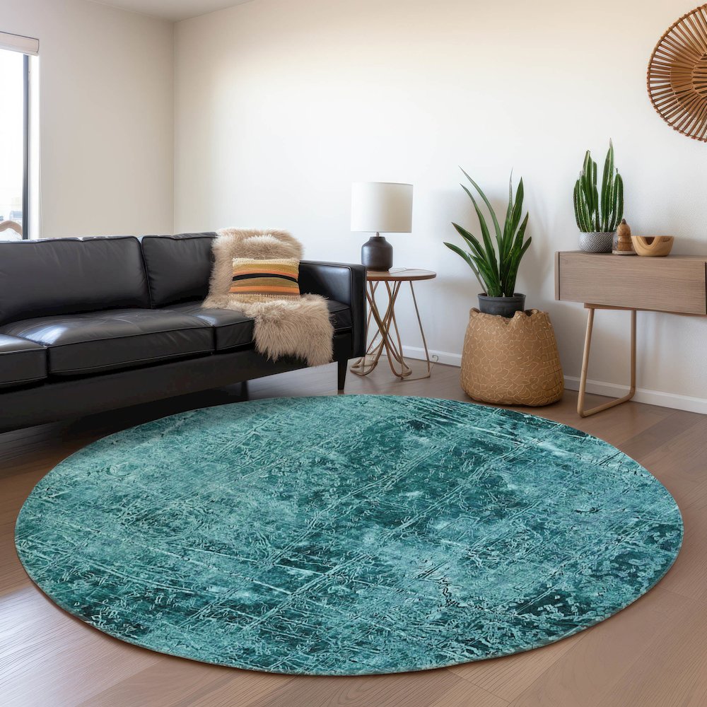 Premium Machine Washable Mayfield  Teal 8' x 8' Round Rug. Picture 5