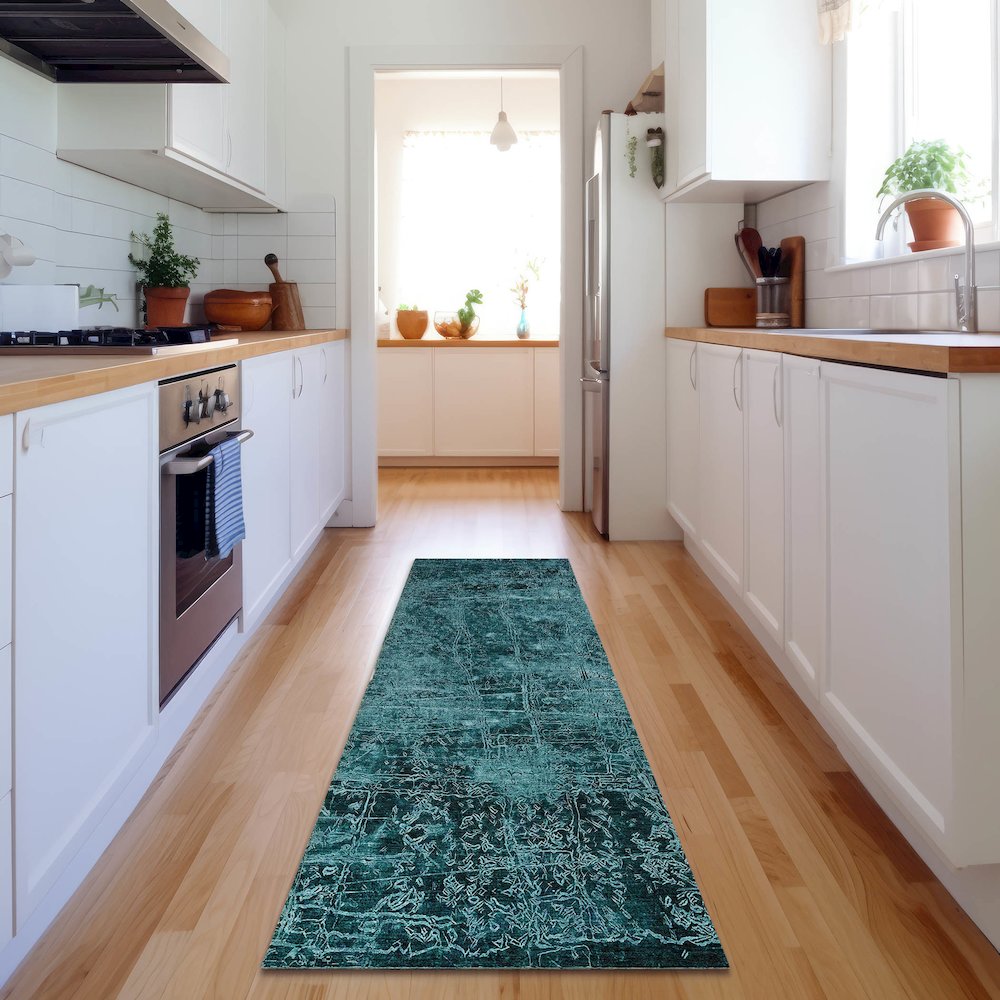 Premium Machine Washable Mayfield  Teal 2'3" x 7'6" Runner Rug. Picture 5