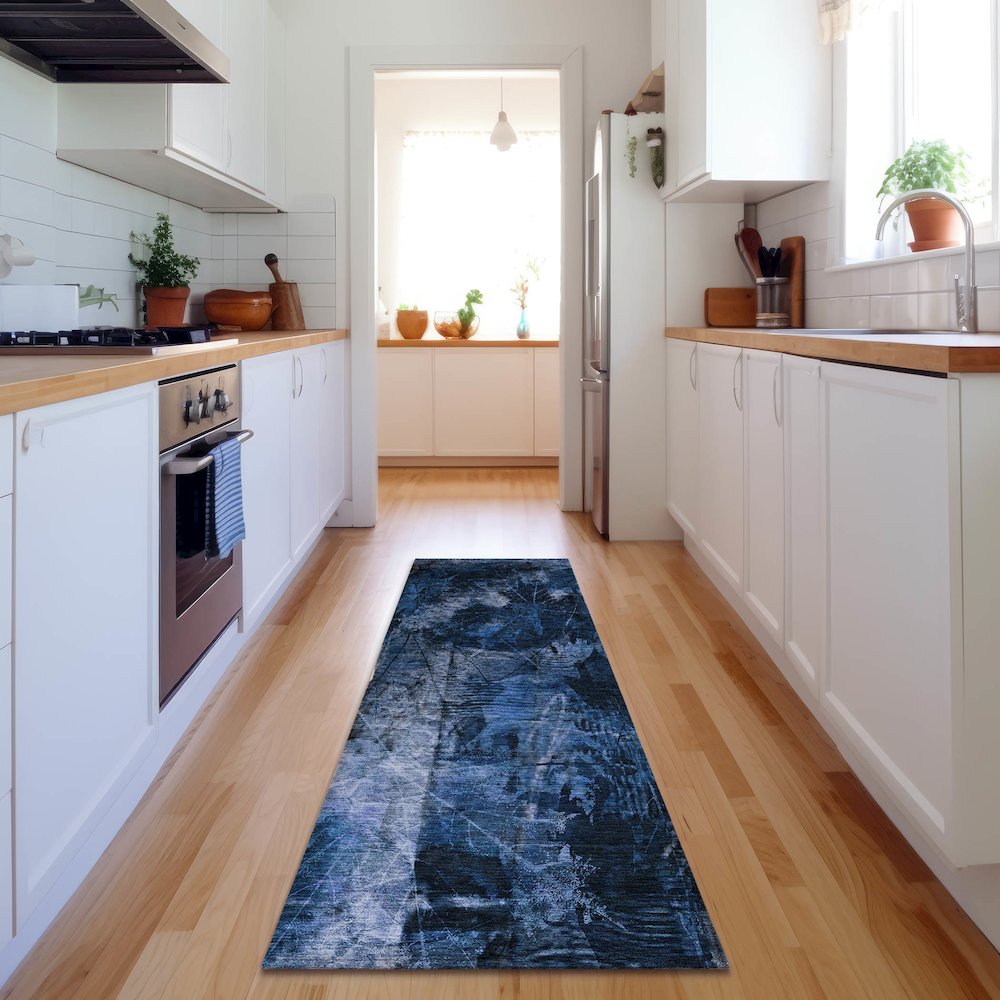 Premium Machine Washable Mayfield  Navy 2'3" x 7'6" Runner Rug. Picture 5