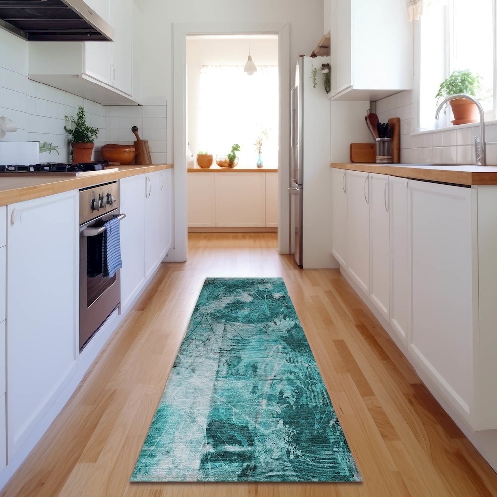 Premium Machine Washable Mayfield  Teal 2'3" x 7'6" Runner Rug. Picture 5
