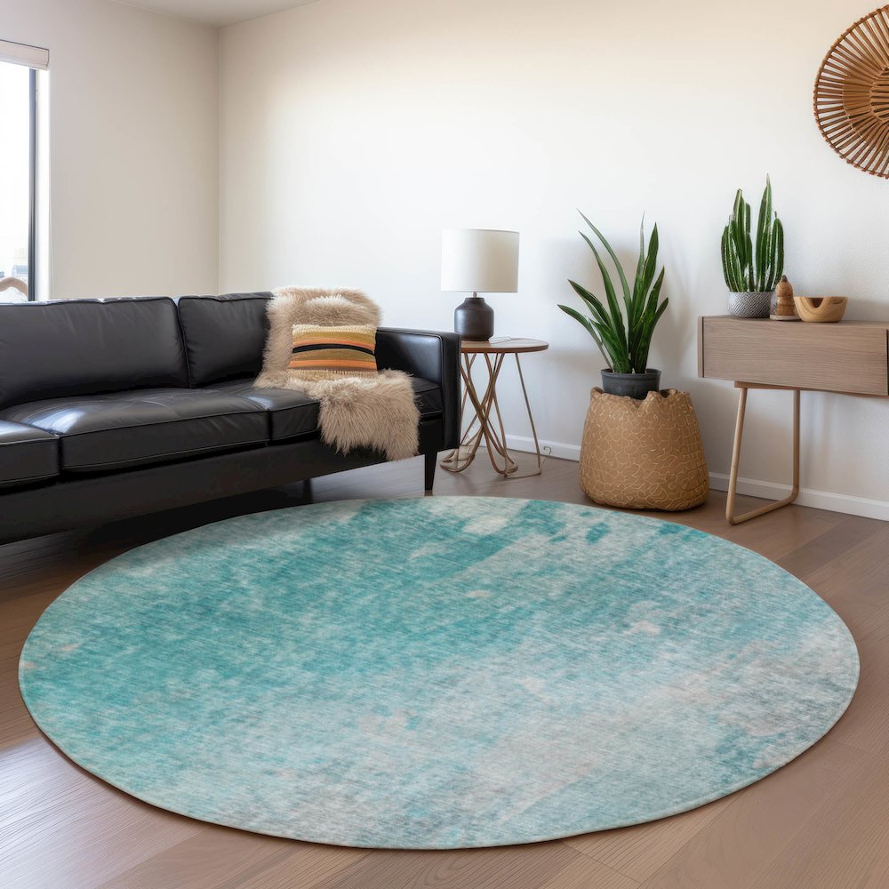 Premium Machine Washable Mayfield  Teal 8' x 8' Round Rug. Picture 5