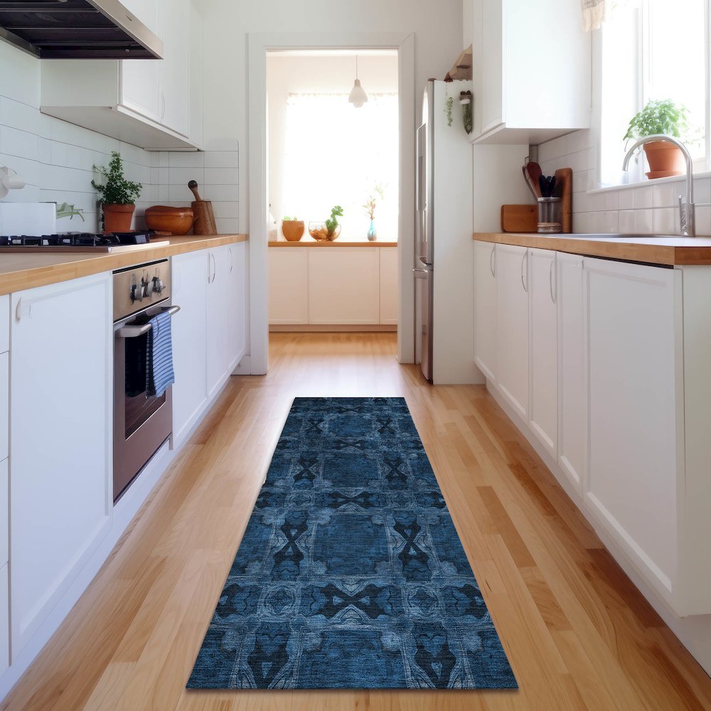 Premium Machine Washable Mayfield  Navy 2'3" x 7'6" Runner Rug. Picture 5