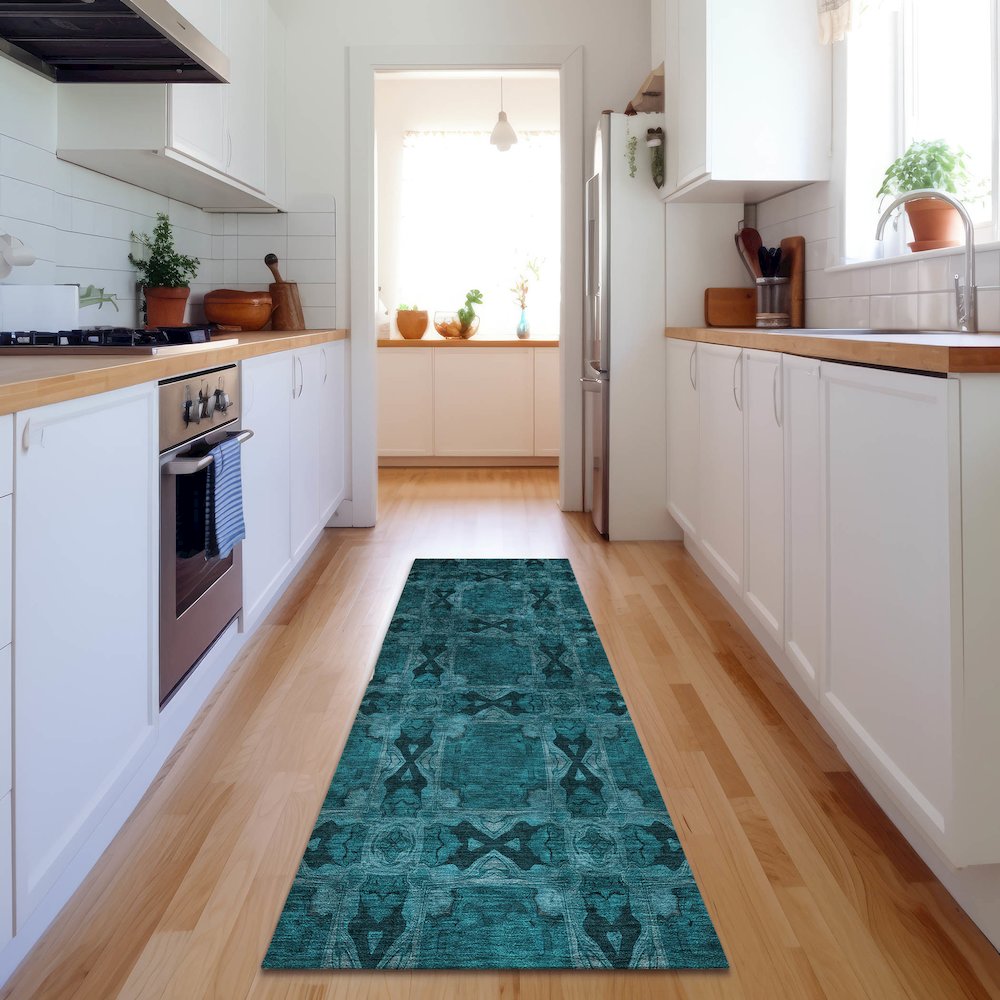 Premium Machine Washable Mayfield  Teal 2'3" x 7'6" Runner Rug. Picture 5