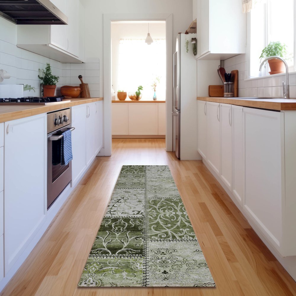 Premium Machine Washable Mayfield  Green 2'3" x 7'6" Runner Rug. Picture 5