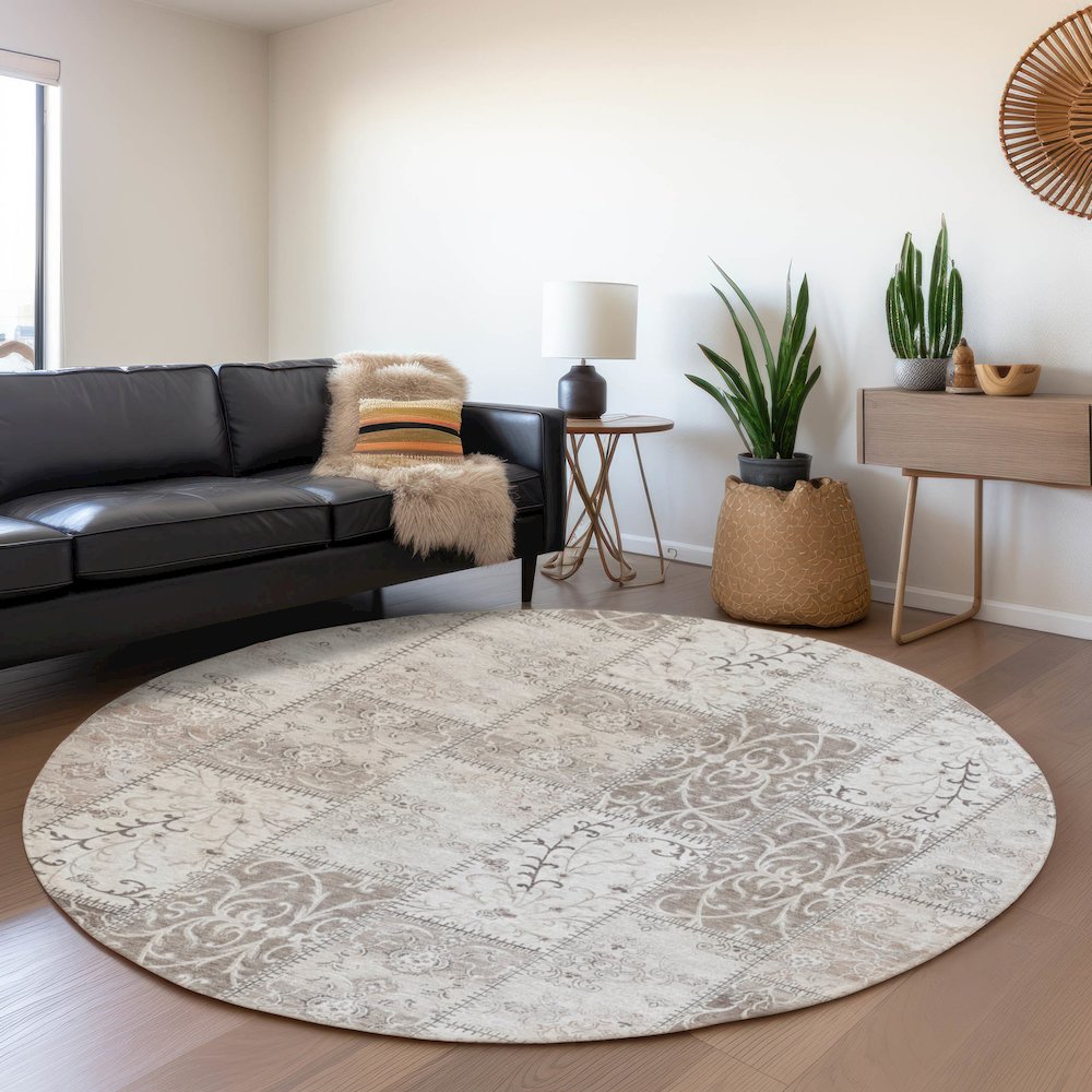 Premium Machine Washable Mayfield  Taupe 8' x 8' Round Rug. Picture 5