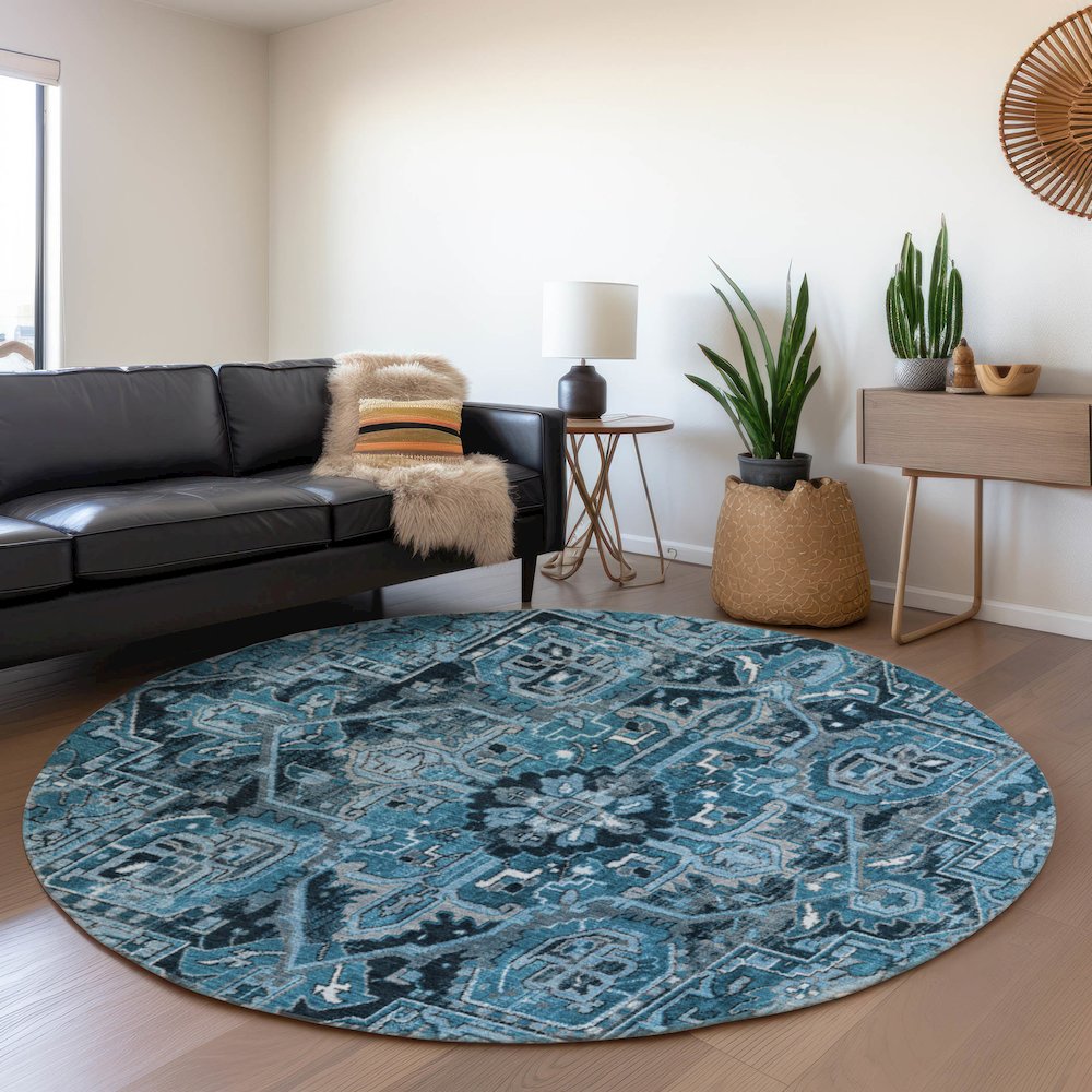 Premium Machine Washable Mayfield  Blue 8' x 8' Round Rug. Picture 5