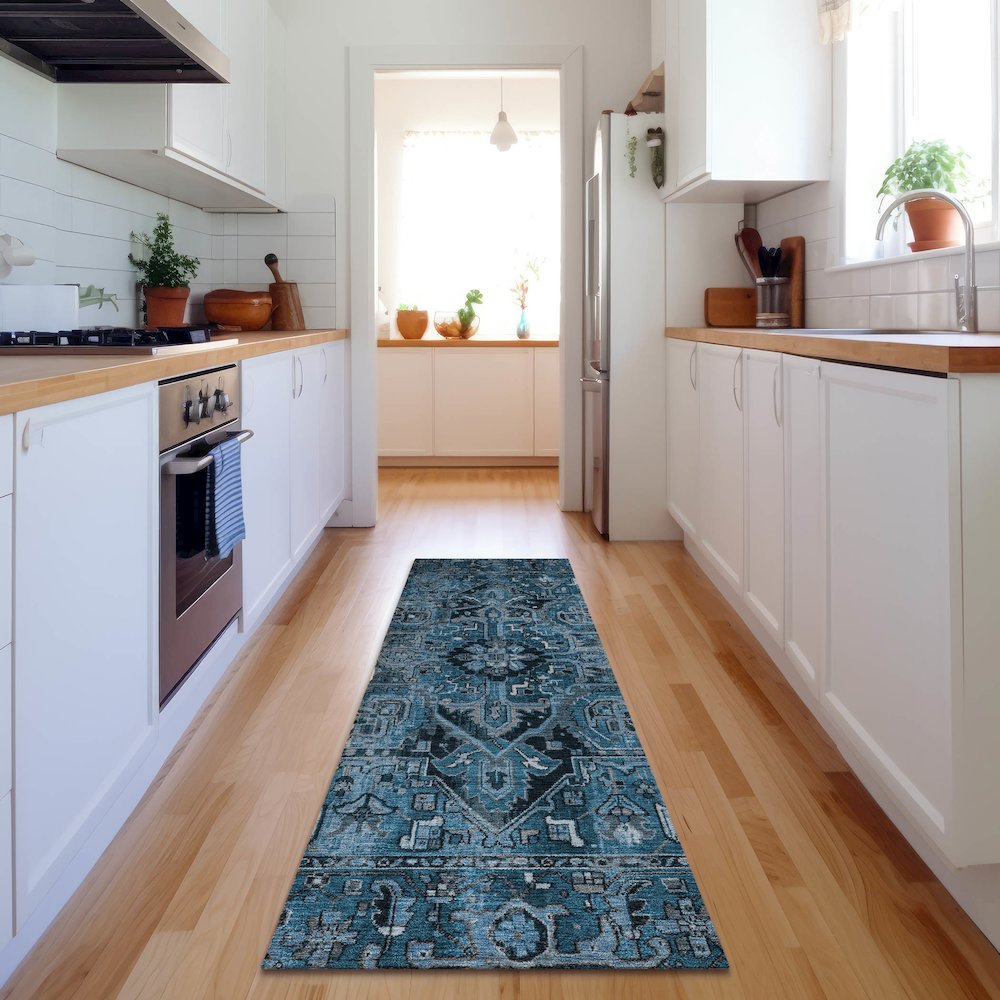 Premium Machine Washable Mayfield  Blue 2'3" x 7'6" Runner Rug. Picture 5