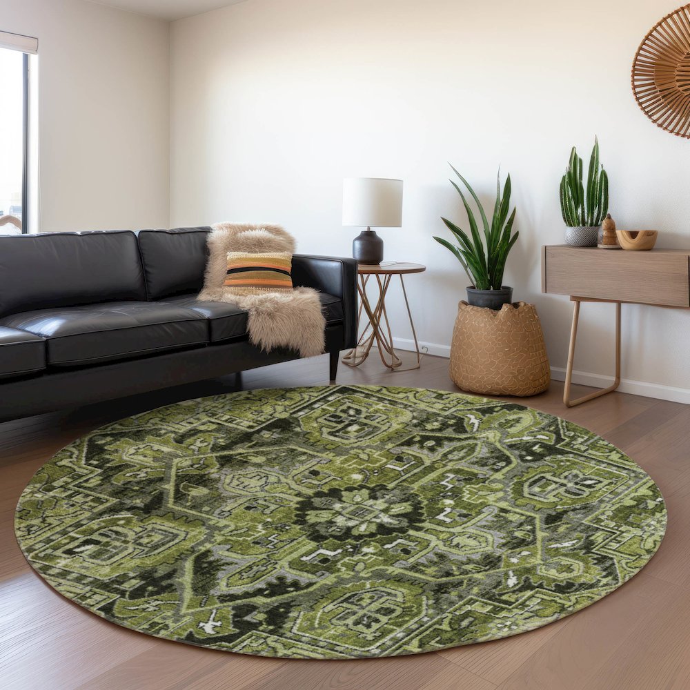 Premium Machine Washable Mayfield  Olive 8' x 8' Round Rug. Picture 5