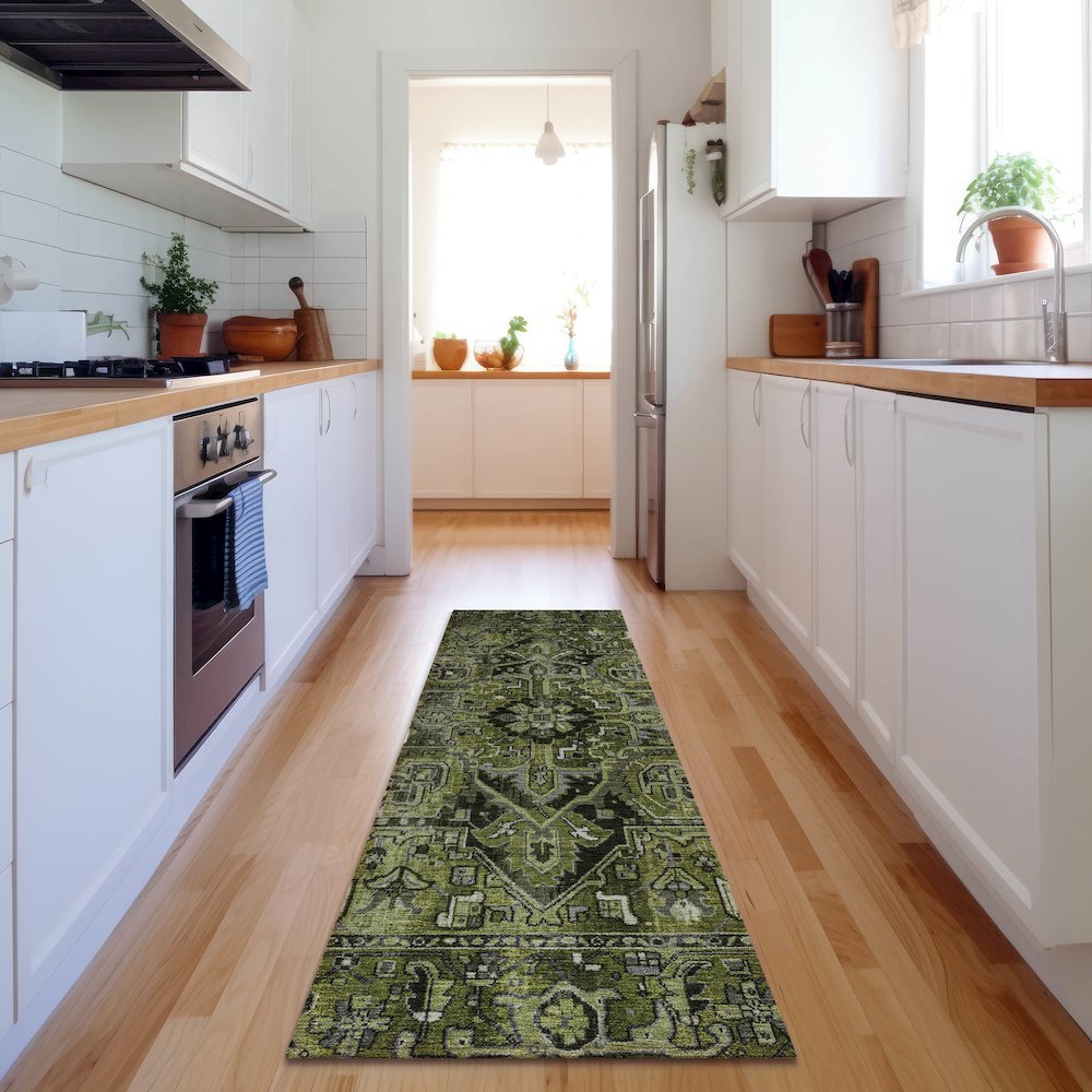 Premium Machine Washable Mayfield  Olive 2'3" x 7'6" Runner Rug. Picture 5