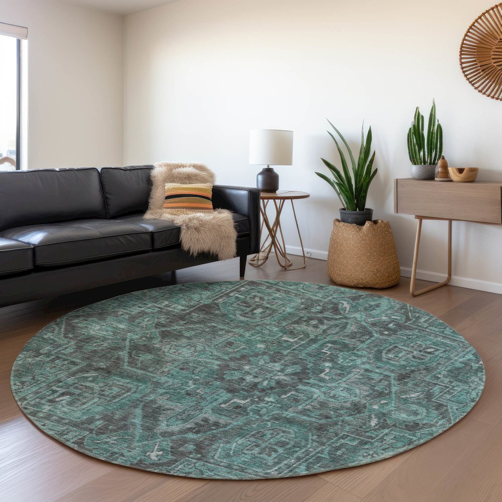 Premium Machine Washable Mayfield  Turquoise 8' x 8' Round Rug. Picture 5