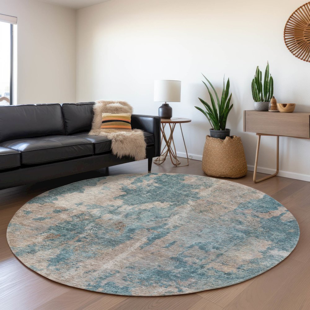 Premium Machine Washable Mayfield  Teal 8' x 8' Round Rug. Picture 5