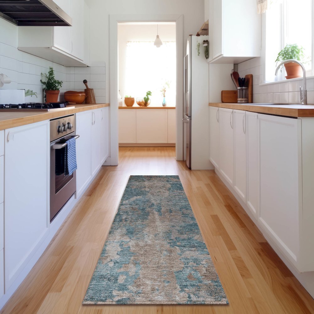 Premium Machine Washable Mayfield  Teal 2'3" x 7'6" Runner Rug. Picture 5