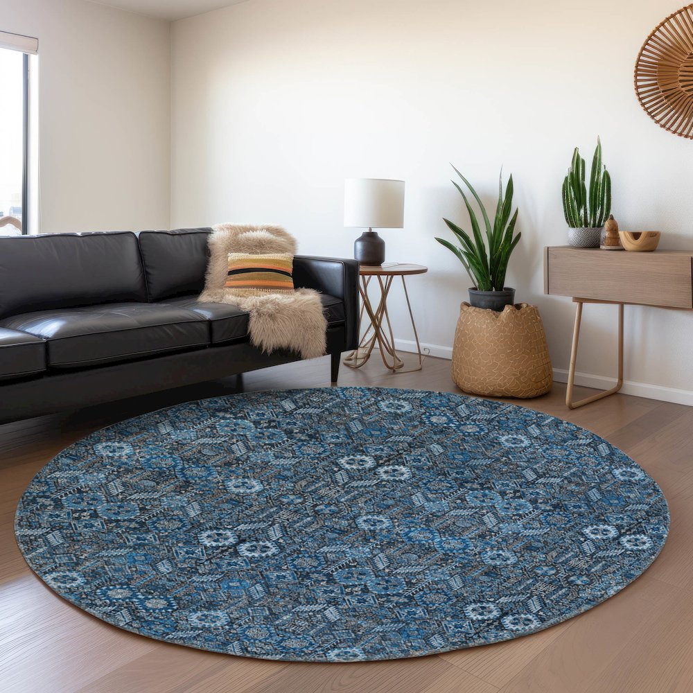 Premium Machine Washable Mayfield  Blue 8' x 8' Round Rug. Picture 5