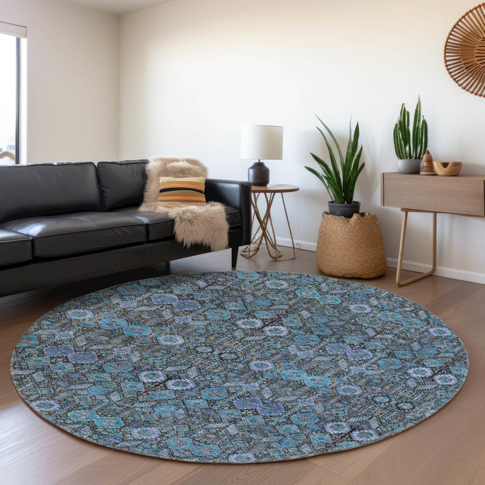 Premium Machine Washable Mayfield  Teal 8' x 8' Round Rug. Picture 5