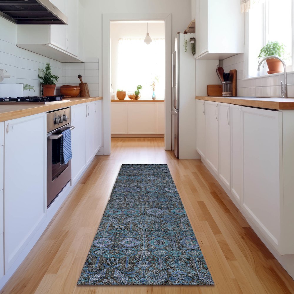 Premium Machine Washable Mayfield  Teal 2'3" x 7'6" Runner Rug. Picture 5