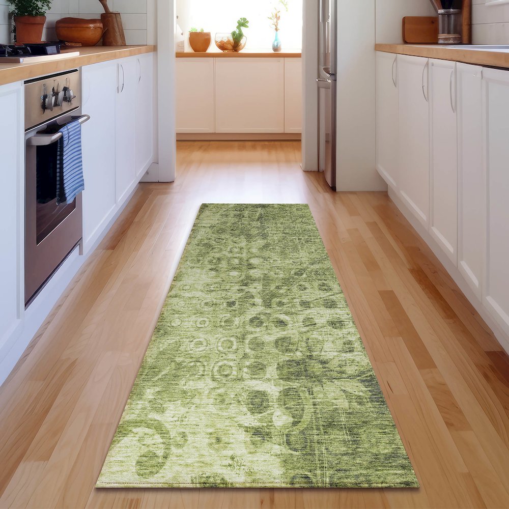 Premium Machine Washable Mayfield  Olive 2'3" x 7'6" Runner Rug. Picture 5