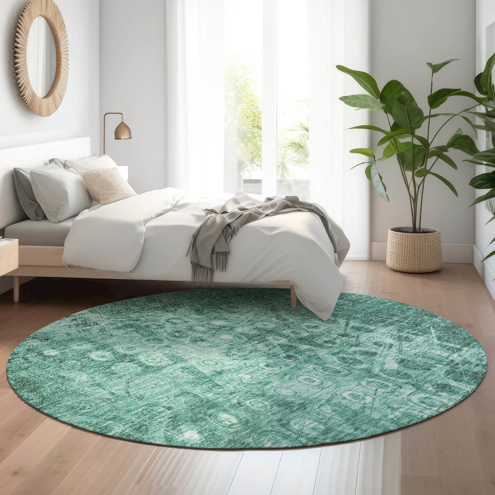 Premium Machine Washable Mayfield  Teal 8' x 8' Round Rug. Picture 5