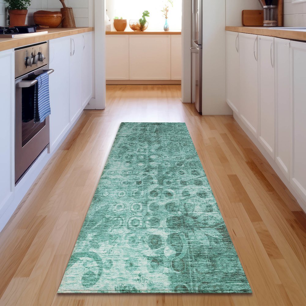 Premium Machine Washable Mayfield  Teal 2'3" x 7'6" Runner Rug. Picture 5