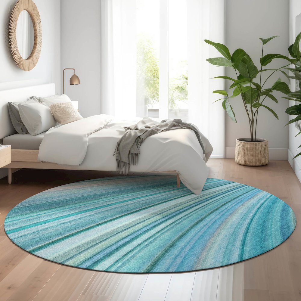 Premium Machine Washable Mayfield  Teal 8' x 8' Round Rug. Picture 5
