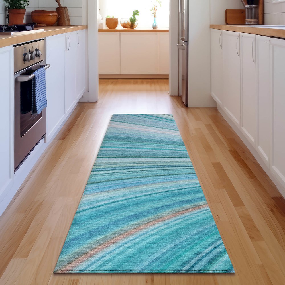 Premium Machine Washable Mayfield  Teal 2'3" x 7'6" Runner Rug. Picture 5