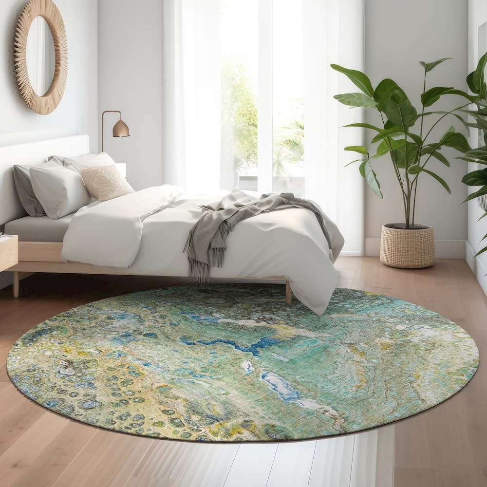 Premium Machine Washable Mayfield  Teal 8' x 8' Round Rug. Picture 5
