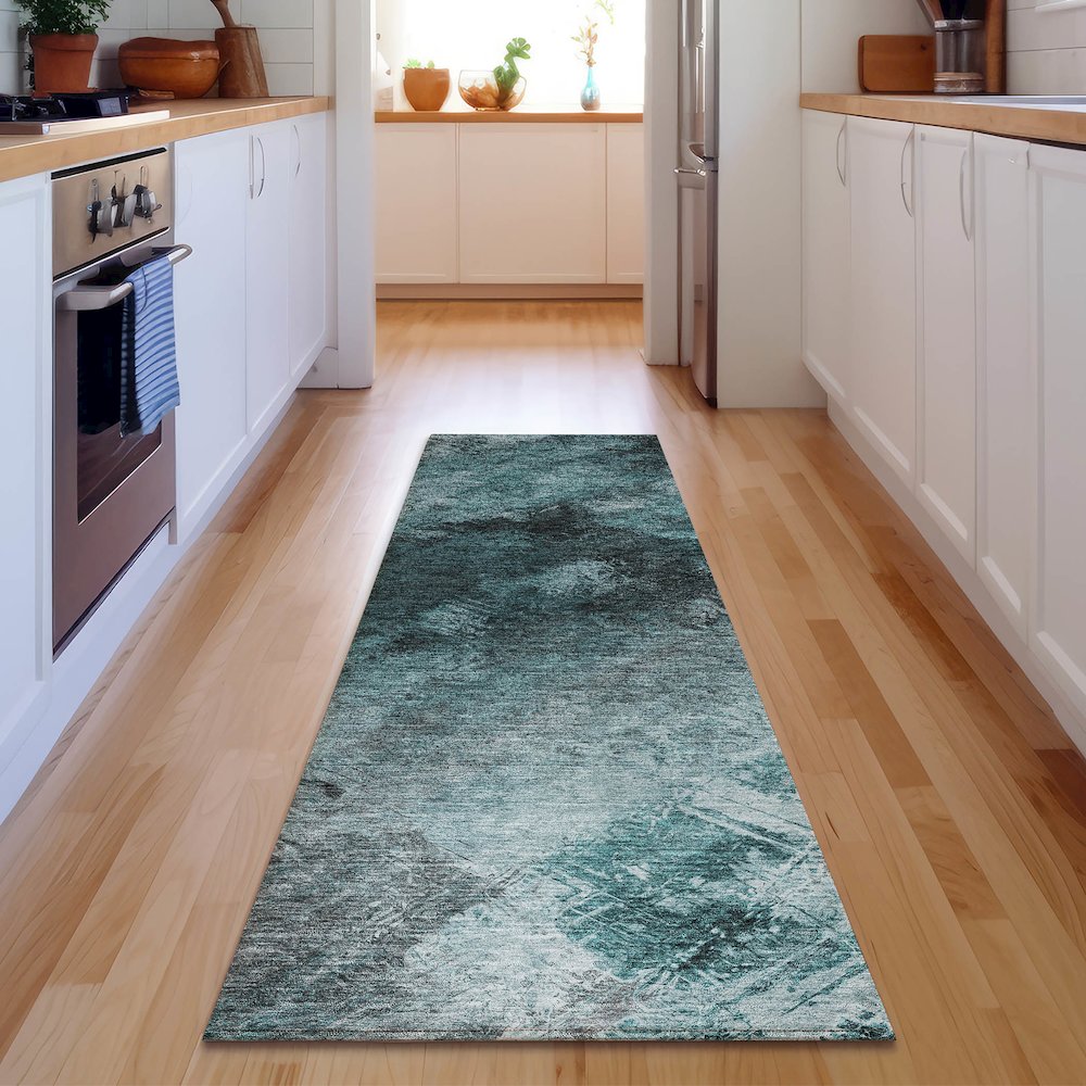Premium Machine Washable Mayfield  Teal 2'3" x 7'6" Runner Rug. Picture 5
