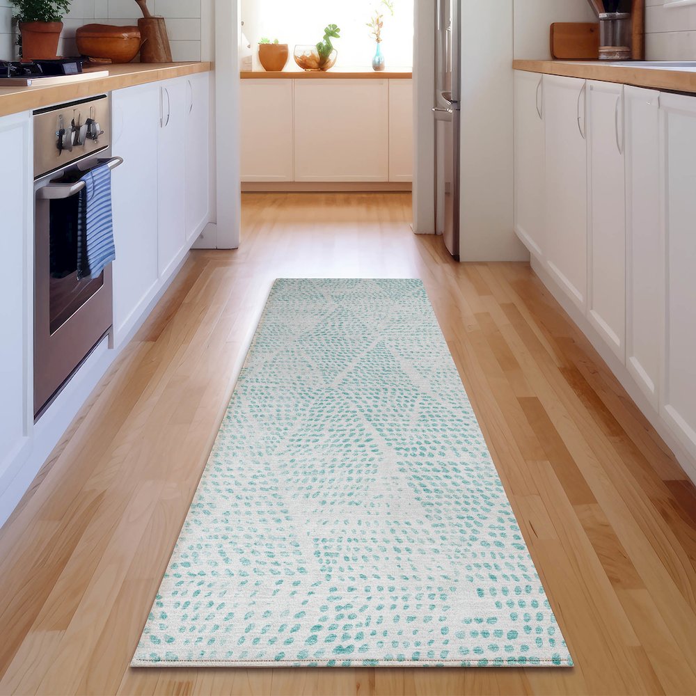 Premium Machine Washable Mayfield  Aqua 2'3" x 7'6" Runner Rug. Picture 5