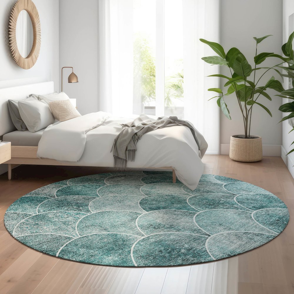 Premium Machine Washable Mayfield  Teal 8' x 8' Round Rug. Picture 5