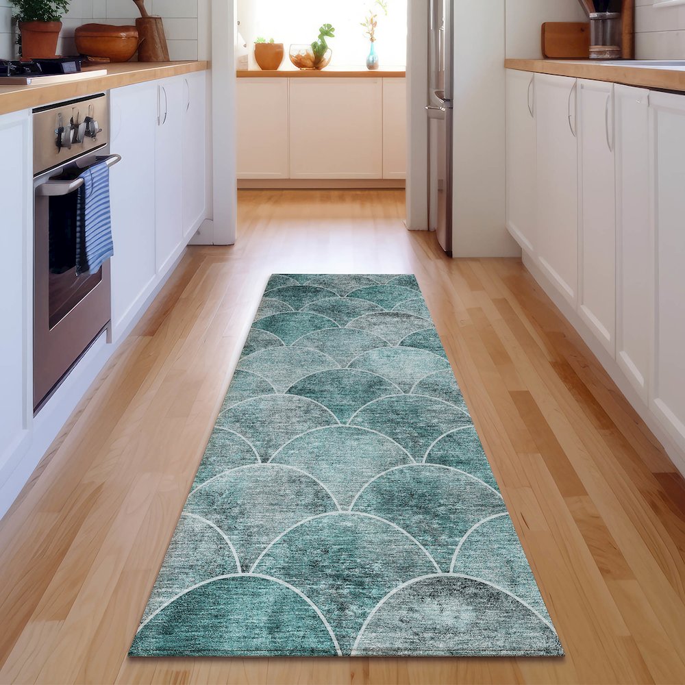 Premium Machine Washable Mayfield  Teal 2'3" x 7'6" Runner Rug. Picture 5