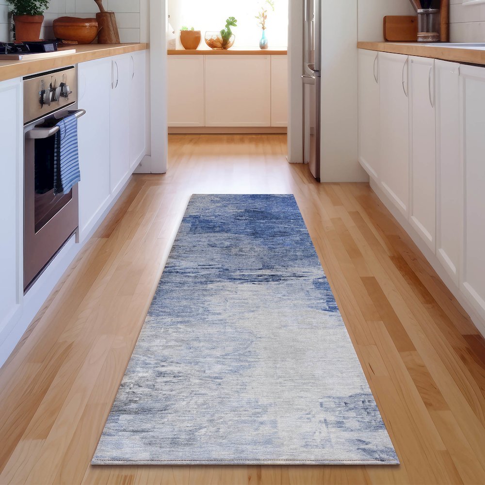 Premium Machine Washable Mayfield  Blue 2'3" x 7'6" Runner Rug. Picture 5