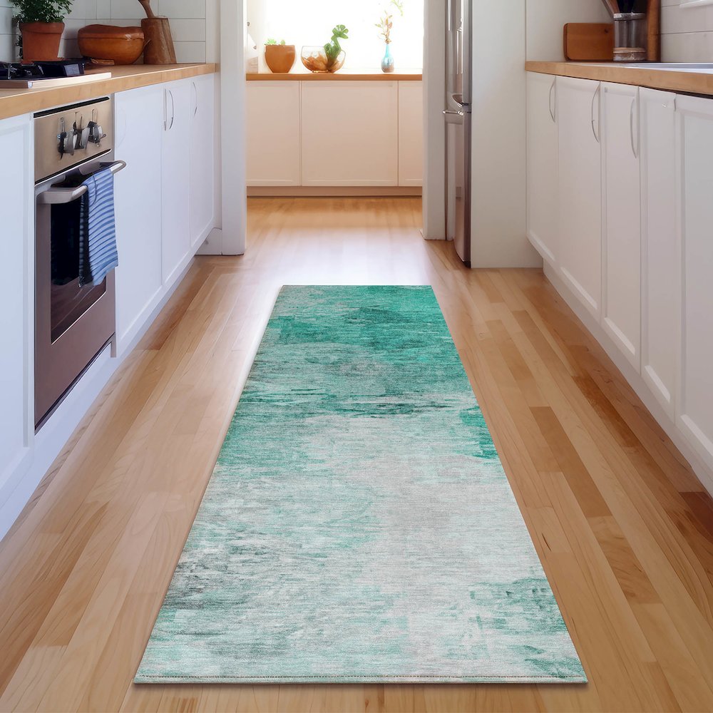 Premium Machine Washable Mayfield  Teal 2'3" x 7'6" Runner Rug. Picture 5